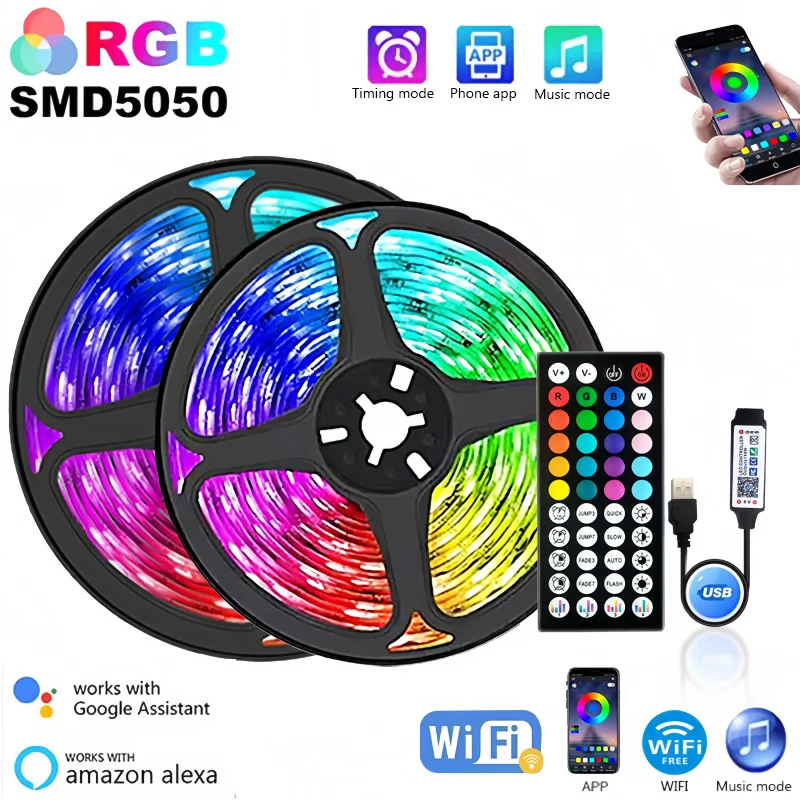 USB LED 스트립 조명, 앱 제어, 음악 동기화 색상 변경, 와이파이 5050 RGB LED 조명, 유연한 TV 배경 조명, 방 장식