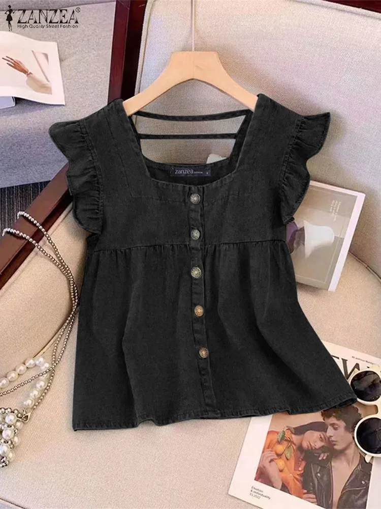 ZANZEA Women Sleeveless Denim Tank Tops 2024 Summer Ruffle Vest Casual Loose Pleated Blouse Korean Fashion Single Breast Camis