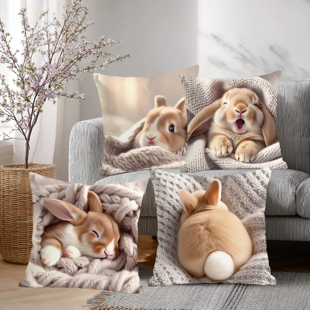 Juego de 4 Fundas de Cojín con Diseño de Conejito Adorable, Funda de Almohada con Estampado de Conejo Durmiendo y Boqueando, Decoración para el Hogar, Sofá, Sala de Estar, Diseño Plano 2D