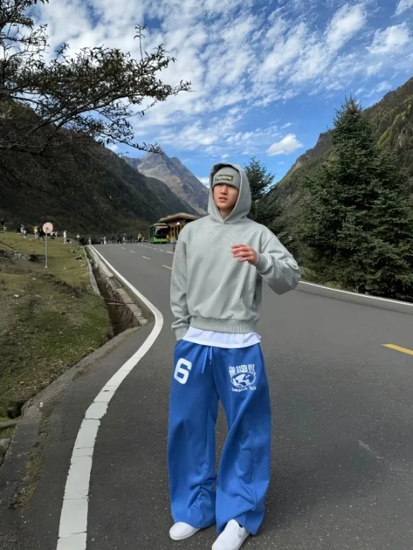 American Sle Embroidered Fce Wide Leg Casual Pants Men's Spring Autumn Lazy Sle Loose Versatile Warm Sweatpants