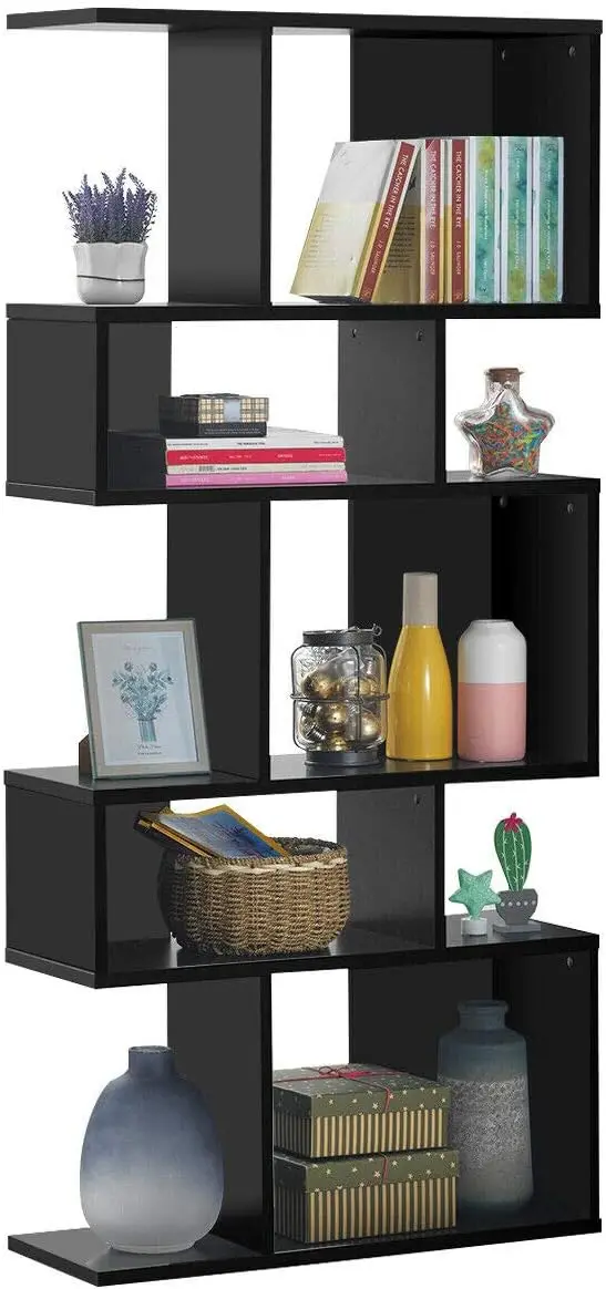 

5-Tier Geometric Bookshelf Black, 70"" Tall Wood Freestanding Decorative Display Open Shelves With Anti-Tipping Device, Each