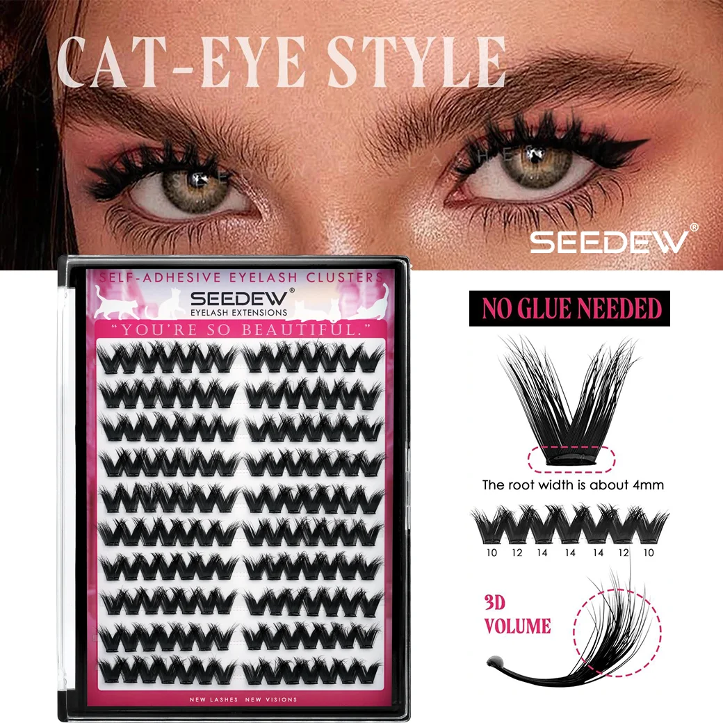 SEEDEW 3D V-shaped Thick False Eyelashes DIY Lashes Extension No Glue Need Wispy Eye Lashes