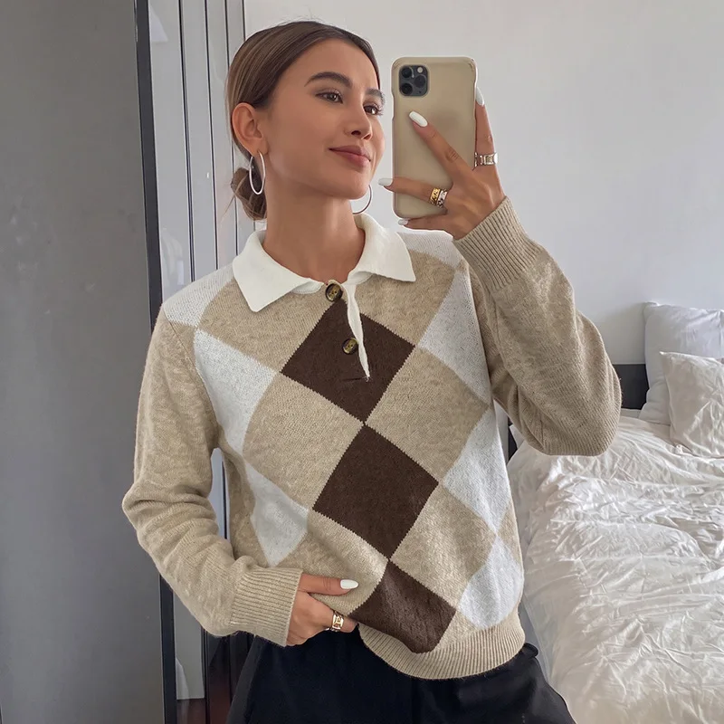 Women Argyle Knit Sweater Autumn Winter Polo Collar Half‑Zip Contrast Color Preppy Style Long‑Sleeve Pullover