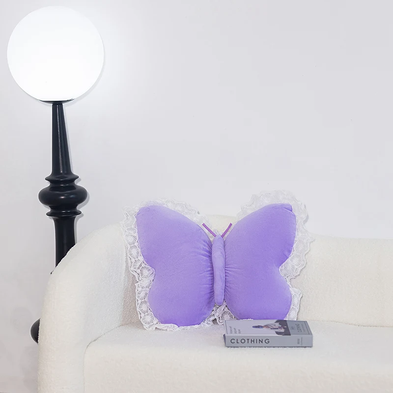 Travesseiro de pelúcia borboleta de renda 55x40cm, almofada de insetos fofos, roxo, branco, rosa, sofá, cadeira, decoração, presente