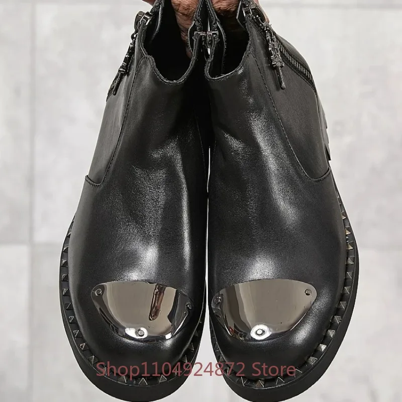 Designer Thick Soled Genuine Leather Men's Boots Cowhide Work Metal Round Toe Rivet Outdoor Motorcycle Chelsea Ankle Boots Male