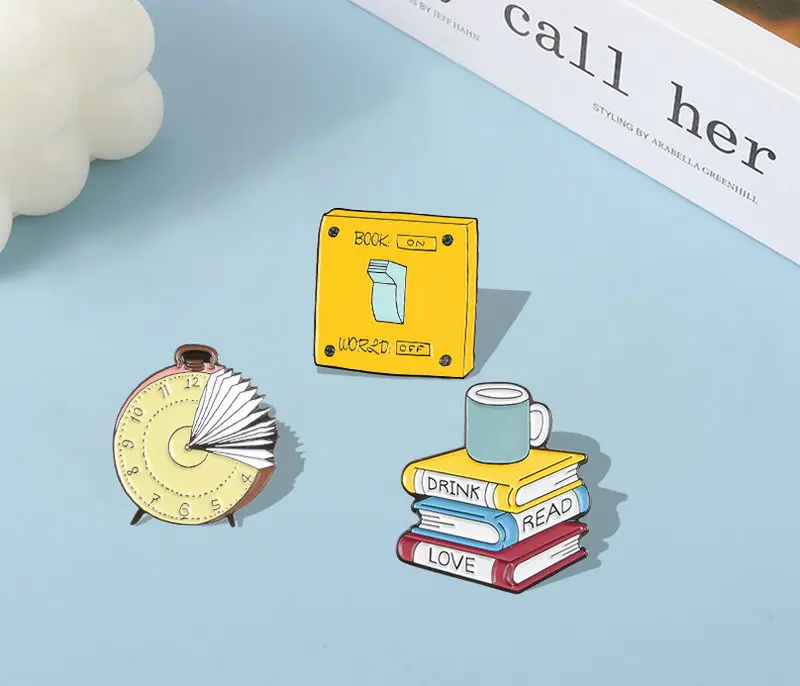 Pin Mental Food Book Time Clock Brooch Bag Clothes Lapel Pin Badge Fun Reading Jewelry Gift Kids Friends Reading World Enamel