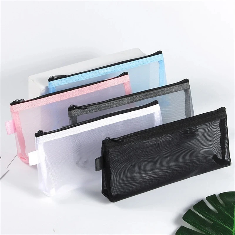 Estuche para lápices con cremallera de malla transparente, almacenamiento de papelería, bolsa de almacenamiento de cosméticos de malla, bolsa de papelería transparente, viaje con cremallera