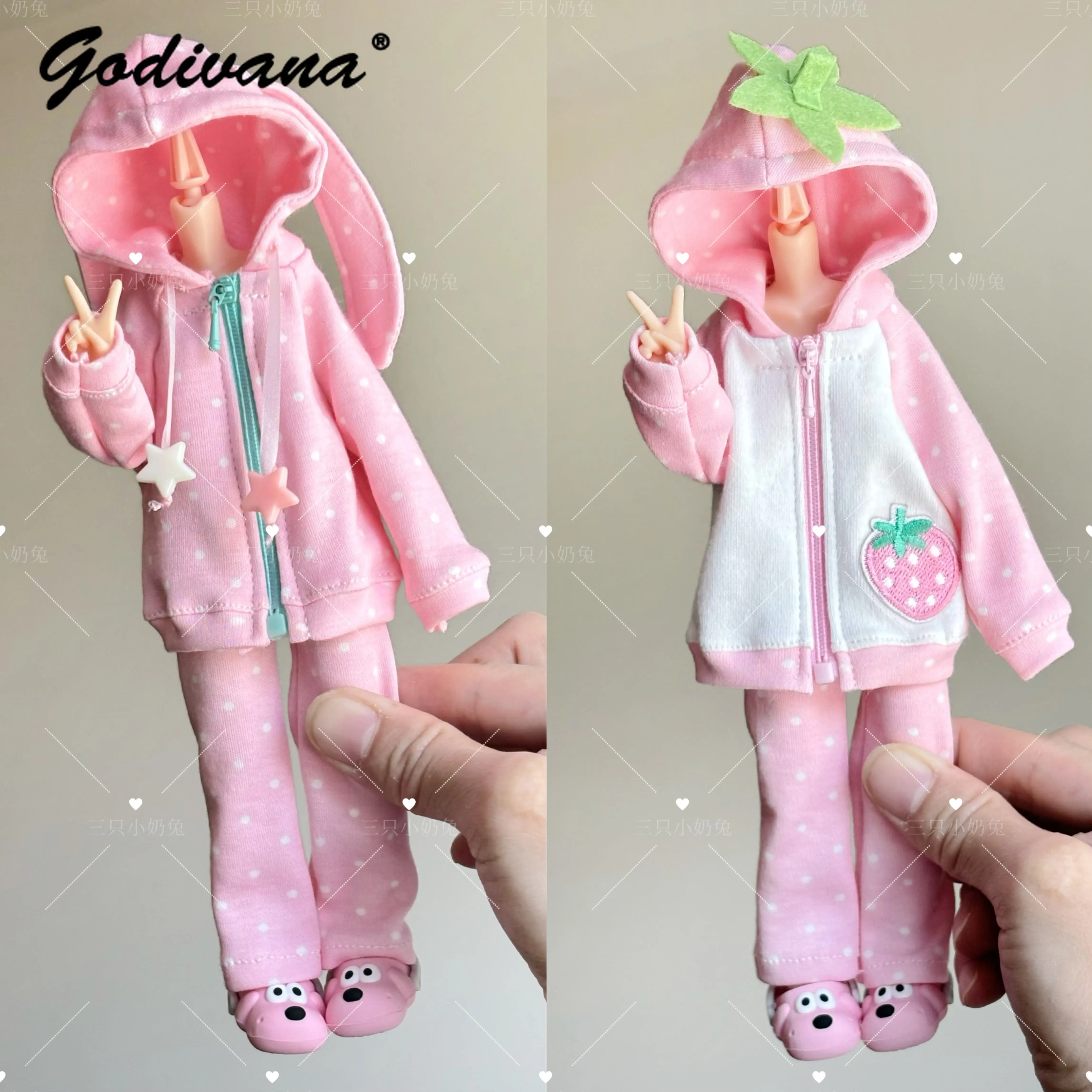 Old-fashioned Polka Dot Azone Doll Outfit Ob24/OB22/26 Special 1/6 BJD Doll Sweet Cute Bunny Ear Oversized Sweatshirt Set