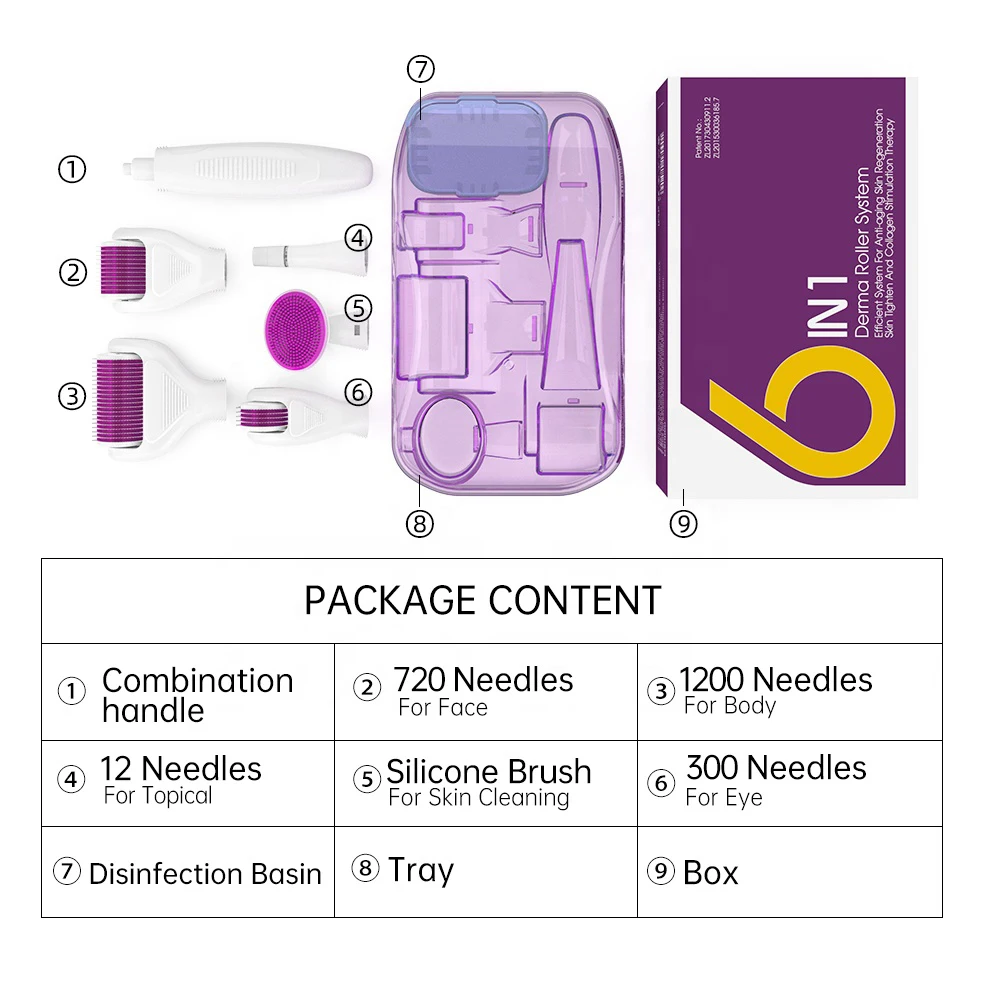 DRS 6 in1 Microneedle Derma Rolling Device Kits For Face and Body 300/720/1200 Micro Needle Facial Roller Skin Care With CE