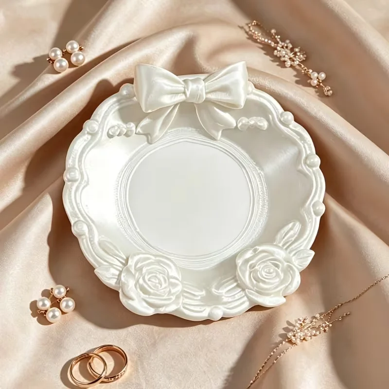 Bowknot Jewelry Tray Baroque Rose Pearl Trinket Dish Resin Ring Necklace Storage Plate Dressing Table Organizer Wedding Deco