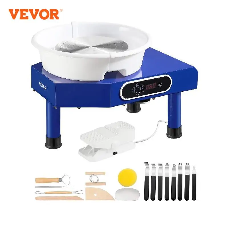 VEVOR 10in Pottery Wheel Machine Ceramic Forming Adjustable 60-300RPM Speed Manual LCD Panel Foot Pedal ABS Detachable Basin