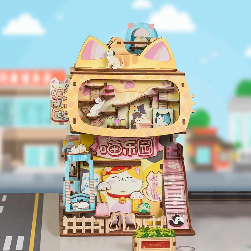 Smart Sensing Door DIY Katzenhäuschen-Bausatz mit LED-Beleuchtung, 174 Teile, Funktionaler Desktop-Aufbewahrungsorganizer Modell Kindergeschenk