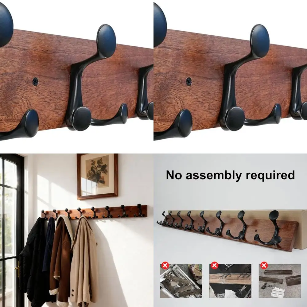 

43 Wall-Mounted Wooden Coat Rack with 8 Triple Hooks for Home, School, and Pet Areas - Mahogany Finish