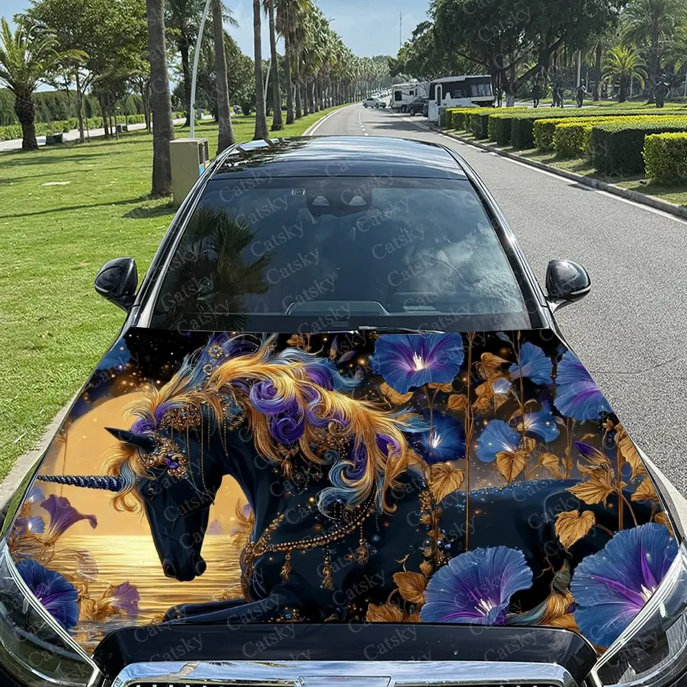 

Black Gold Blossoms & Fantasy Beast Car Vinyl Wrap, PVC Material Waterproof Car Hood Sticker, Self-Adhesive Scratch-Resistant St