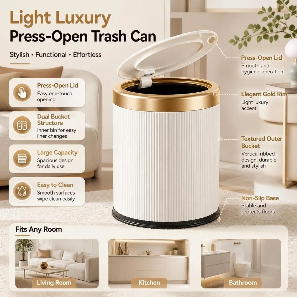 Luxury Press Type Kitchen Trash Can Odor-Sealing Gold Rim 12L Garbage Bin with Lid Ridged Body Living Room Dustbin Garage Toilet
