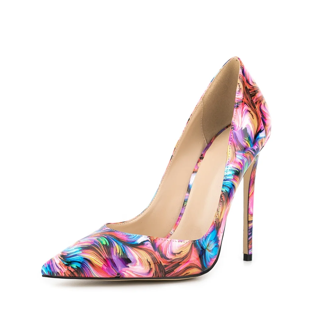 Women Glossy Marble Print Pointed Toe Pumps, Slip on Thin Stiletto Heel Dress Shoes for Wedding, Club & Evening Party Wear