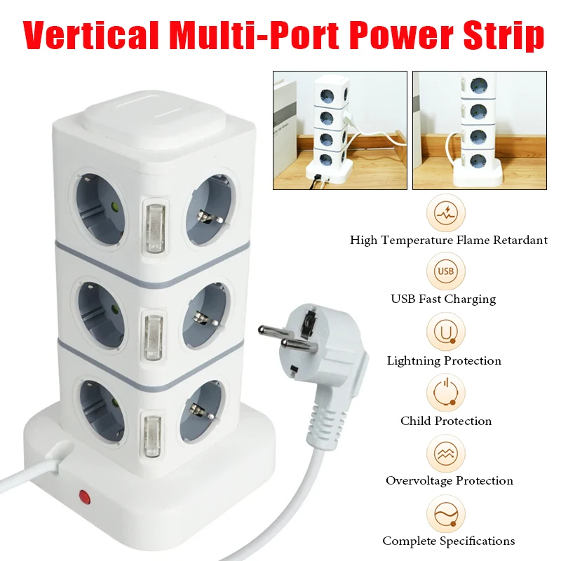 Tower 12 Way Outlets Socket Multi Power Strip with Independent LED Control Switches & 4 USB Ports Overload Protector Switch