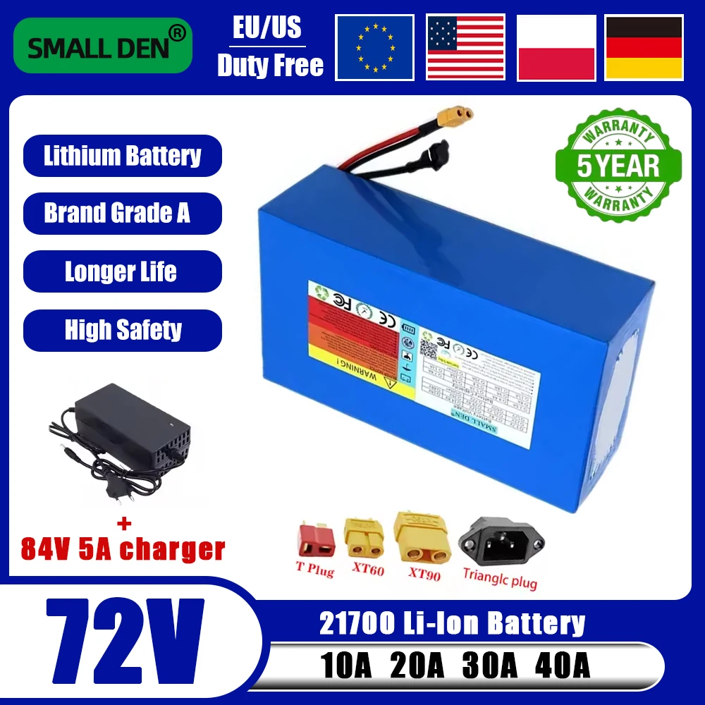 

72V rechargeable battery 40Ah 30Ah 20Ah 10Ah 21700 lithium battery pack with built-in BMS 0-3500W motor high-power EU TAX Free