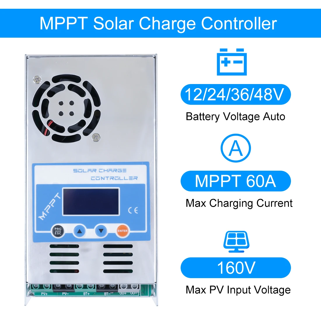 

MPPT 60A Solar Charge Controller Solar Panel Regulator 12V 24V 36V 48V Auto Max PV 190VDC For Lead Acid Lithium Battery