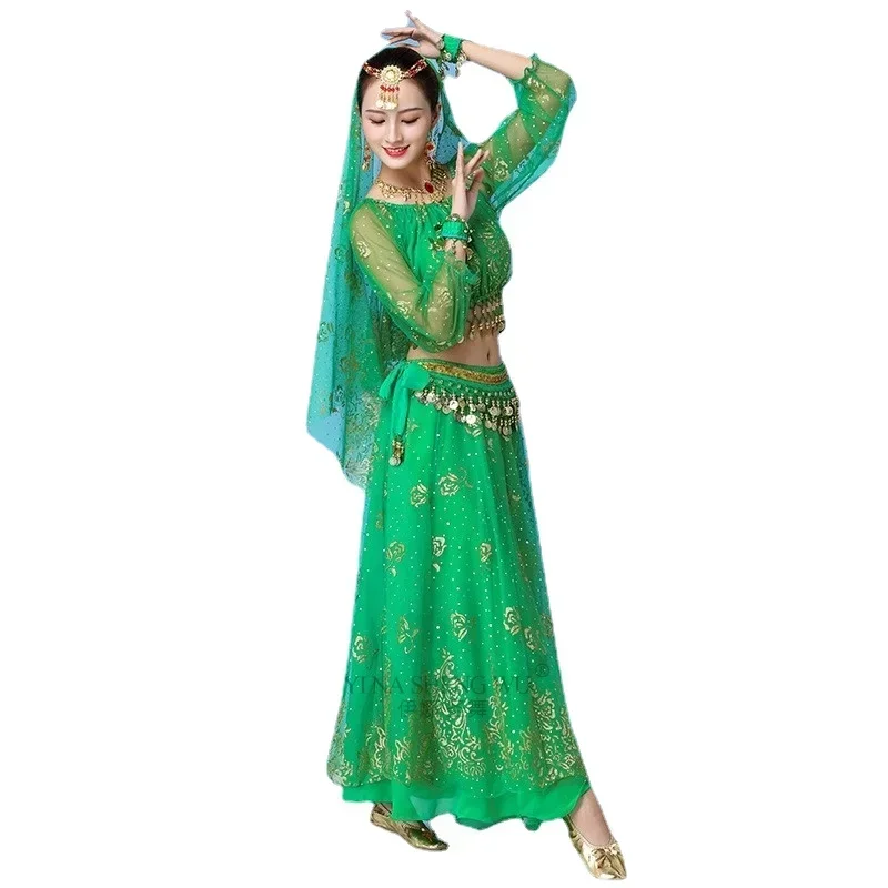 Women Indian Dance Sari Belly Dance Adult Bollywood Dress Costume  Outfit Performance Clothes Chiffon Long Sleeve Top Belt Skirt