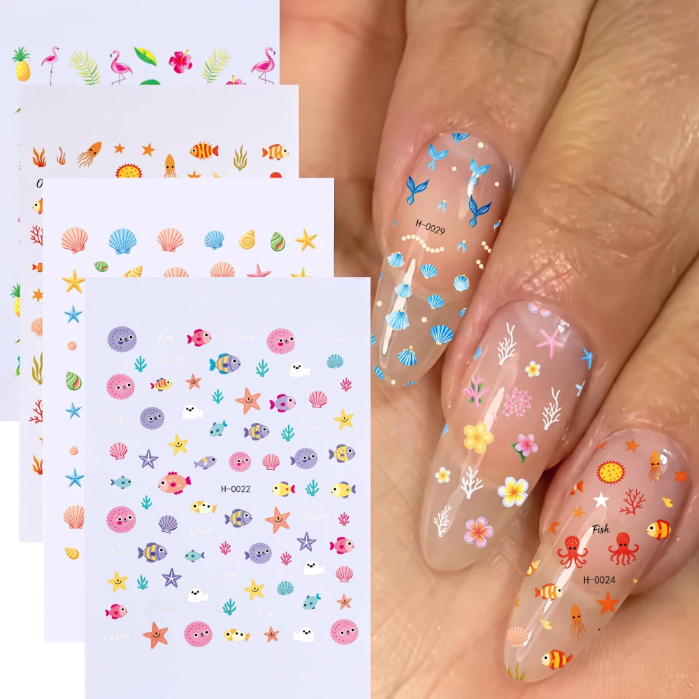 6Pcs Summer Ocean Cartoon Nail Stickers Fish Starfish Shell Flamingo Self Adhesive Nails Decal for Beach Vacation Manicure Decor