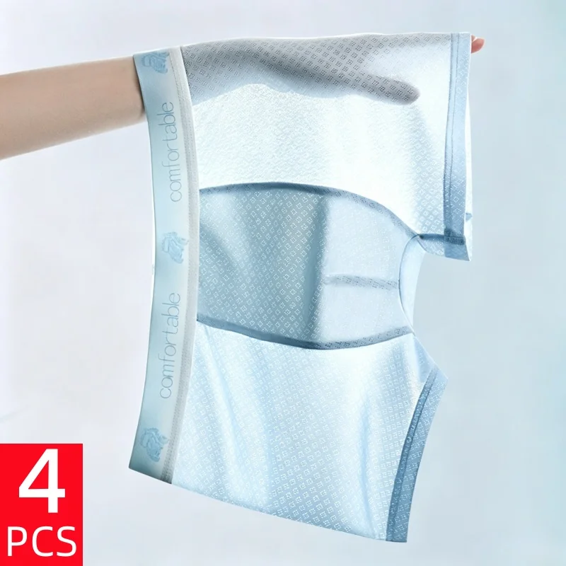 4er-Pack Herren Sommer Ultra-Dünne Eisseide Unterwäsche Atmungsaktive Mesh Komfortable Kühle Boxershorts Nahtlose Unterhosen