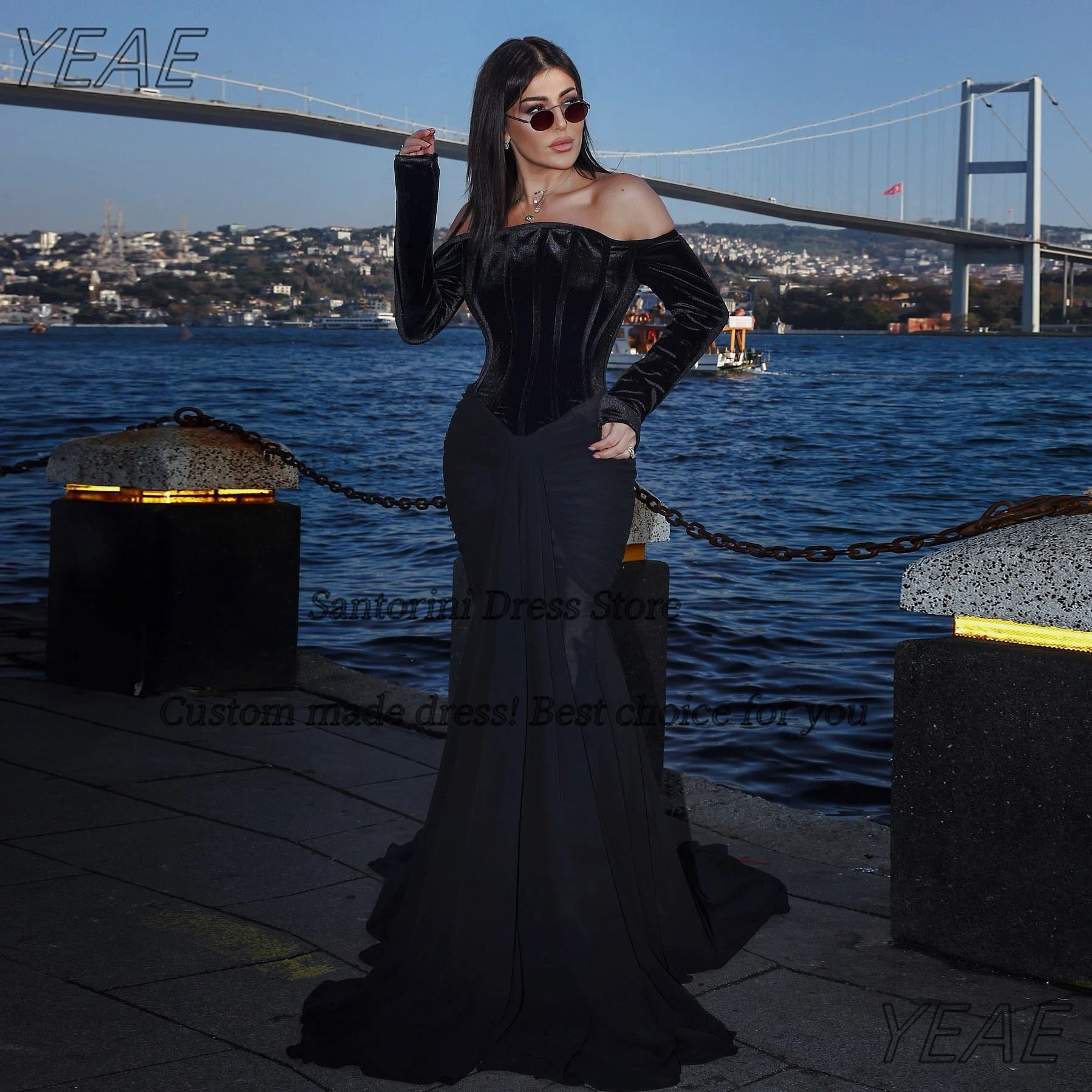 Santorini 2026 vestidos de fiesta negros vestidos de noche de manga larga de terciopelo vestido de fiesta de sirena de tren de barrido acanalado personalizado