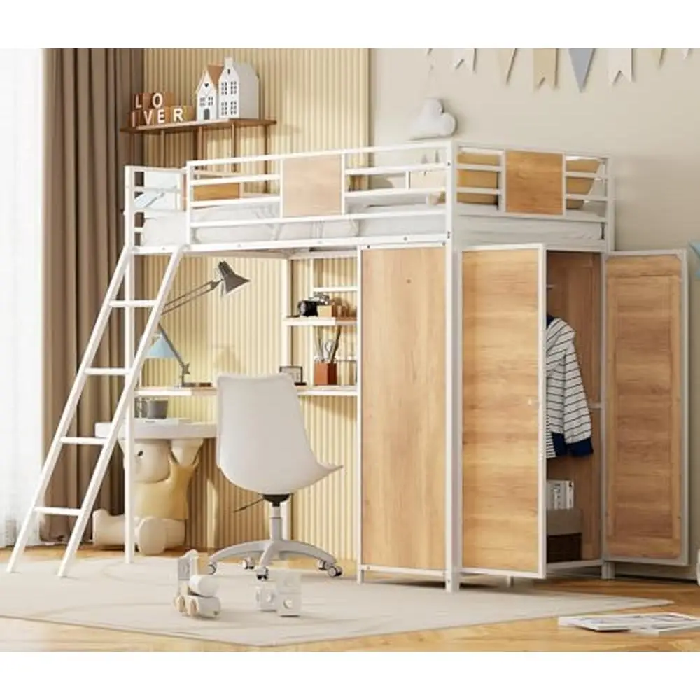 Children Loft Bed with L-Shape Desk Wardrobe Shelves Metal Wood Bedroom Storage