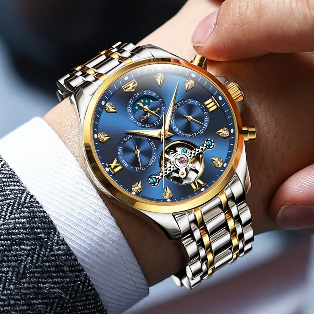 JSDUN 8932 Biznesowy zegarek mechaniczny Prezent Okrągła tarcza Pasek do zegarka ze stali nierdzewnej Zegarek na rękę Kalendarz tygodniowy