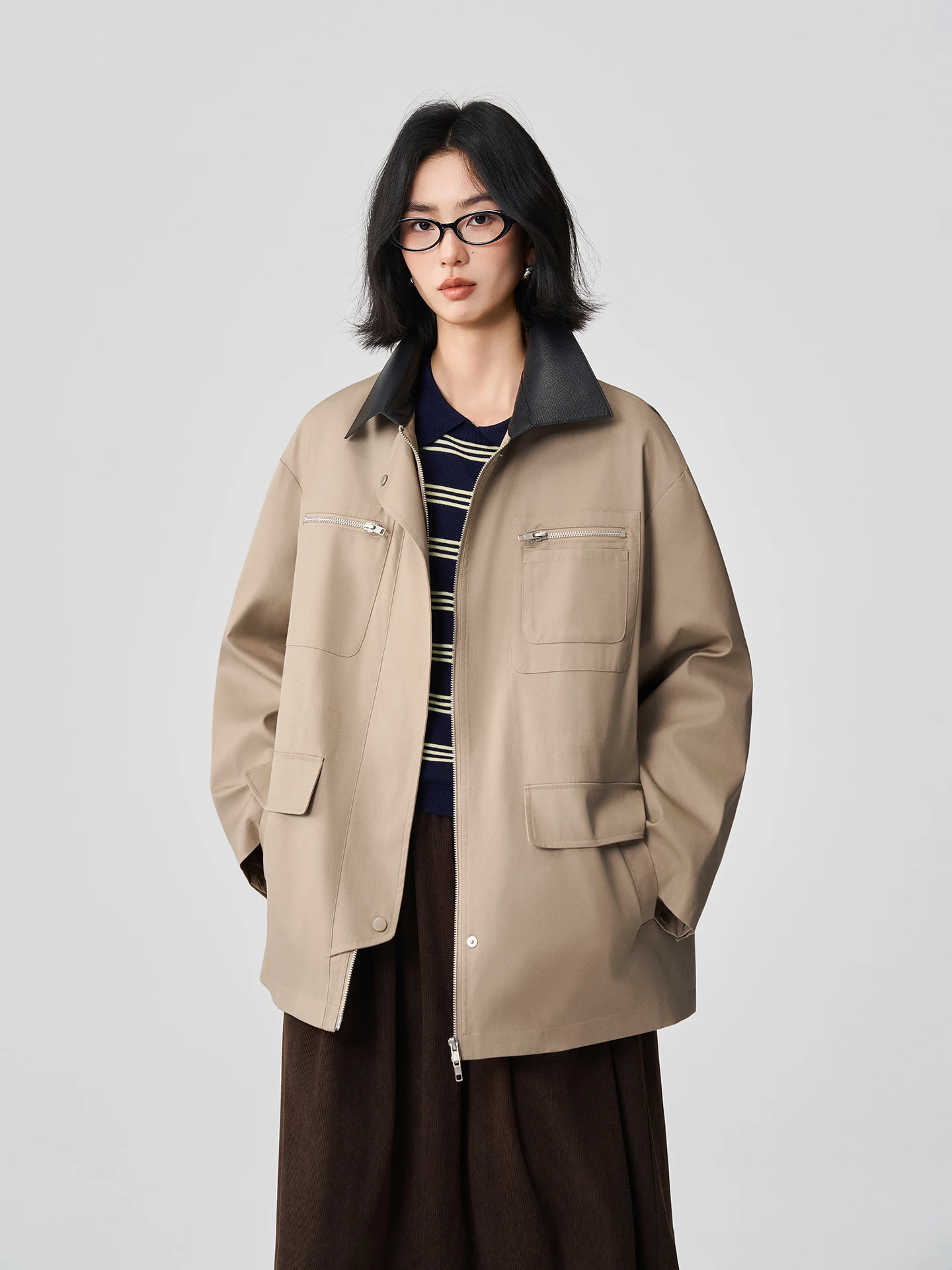 Manteau long décontracté pour femme Sis Marti, en coton de haute qualité, motif litchi en cuir, fermeture éclair, collection automne Maple High Cotton Balloon Sle Jaet