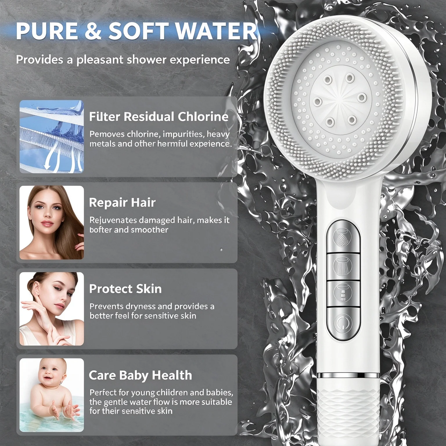 1 Pc Home SPA Handheld Filter Shower Head with Multi-Function Massage Design, 4 Adjustable Powerful Water Curtain Sprays