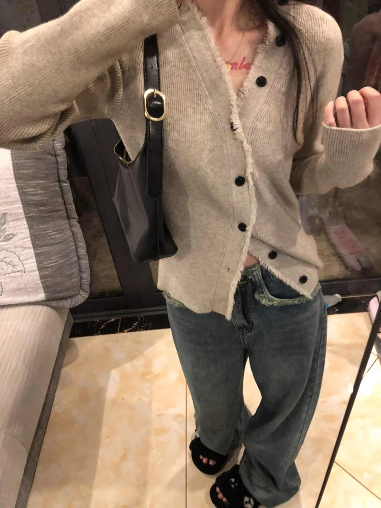 Chique coreano com decote em v cardigan 2025 outono fino ajuste malha pulôver topos feminino sexy bonito manga longa frente aberta ruched blusas sólidas