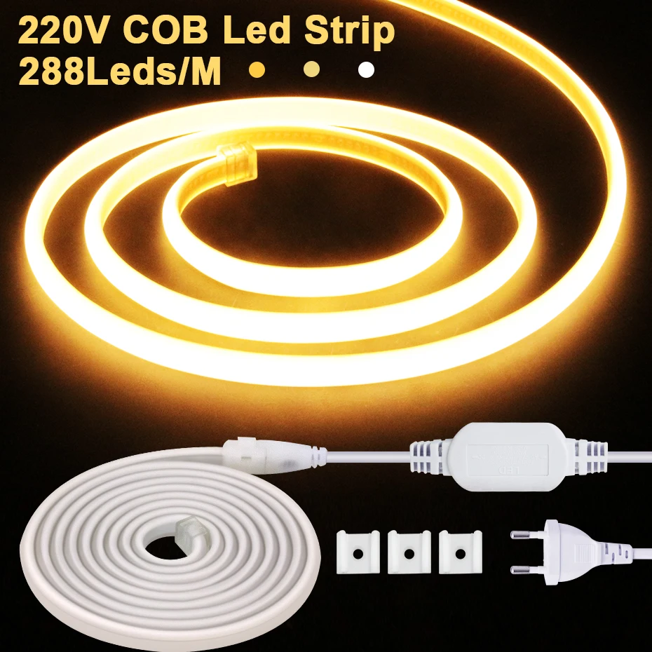 

Super Bright COB Neon Strip Light AC 220V/110V Flexible Ribbon 288LEDs/m Led Tape IP65 Waterproof For Home Decoration Lighting