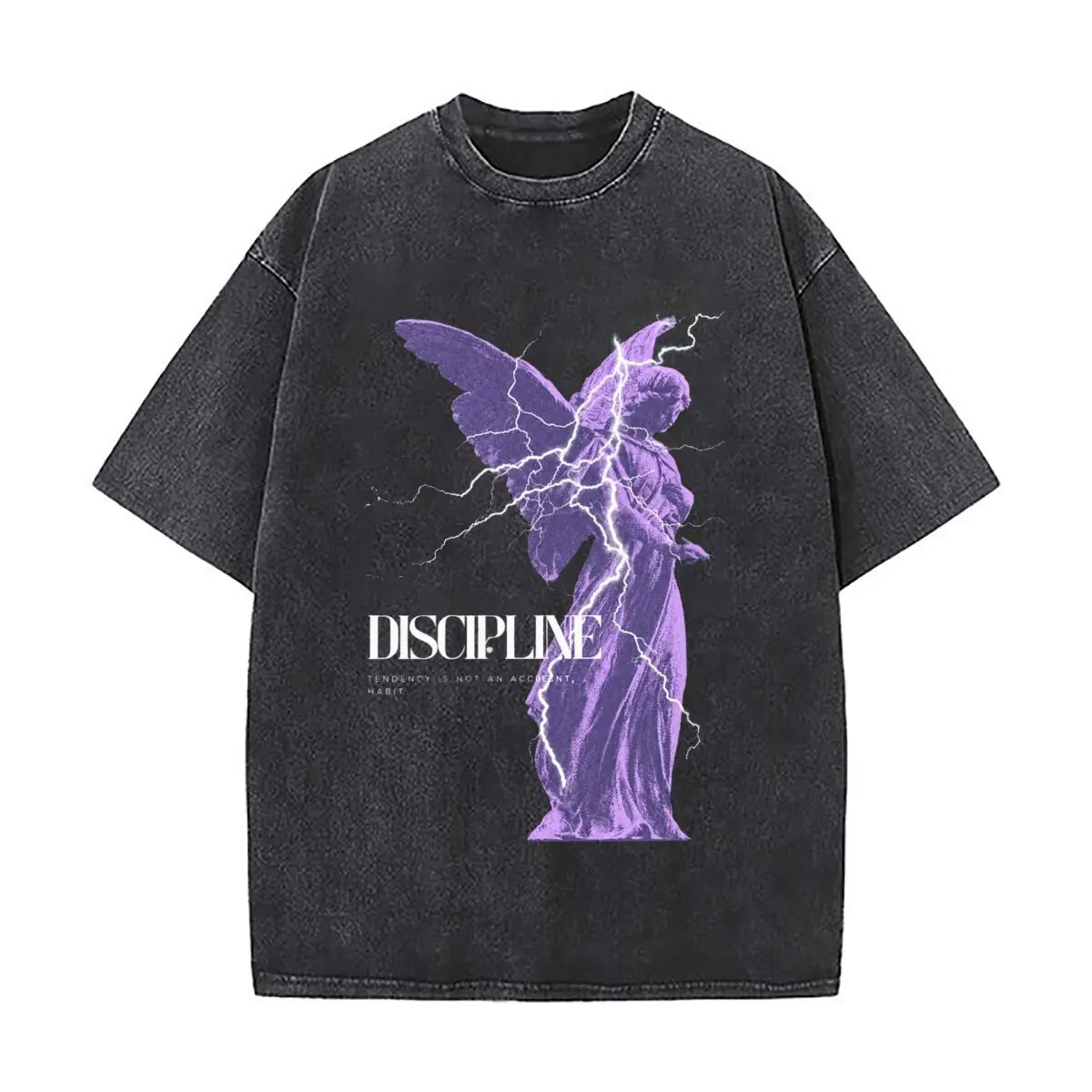 Discipline Purple Winged Greek Goddess Lightning Statue Distressed Vintage Oversized Streetwear Tops for Coffee Dates
