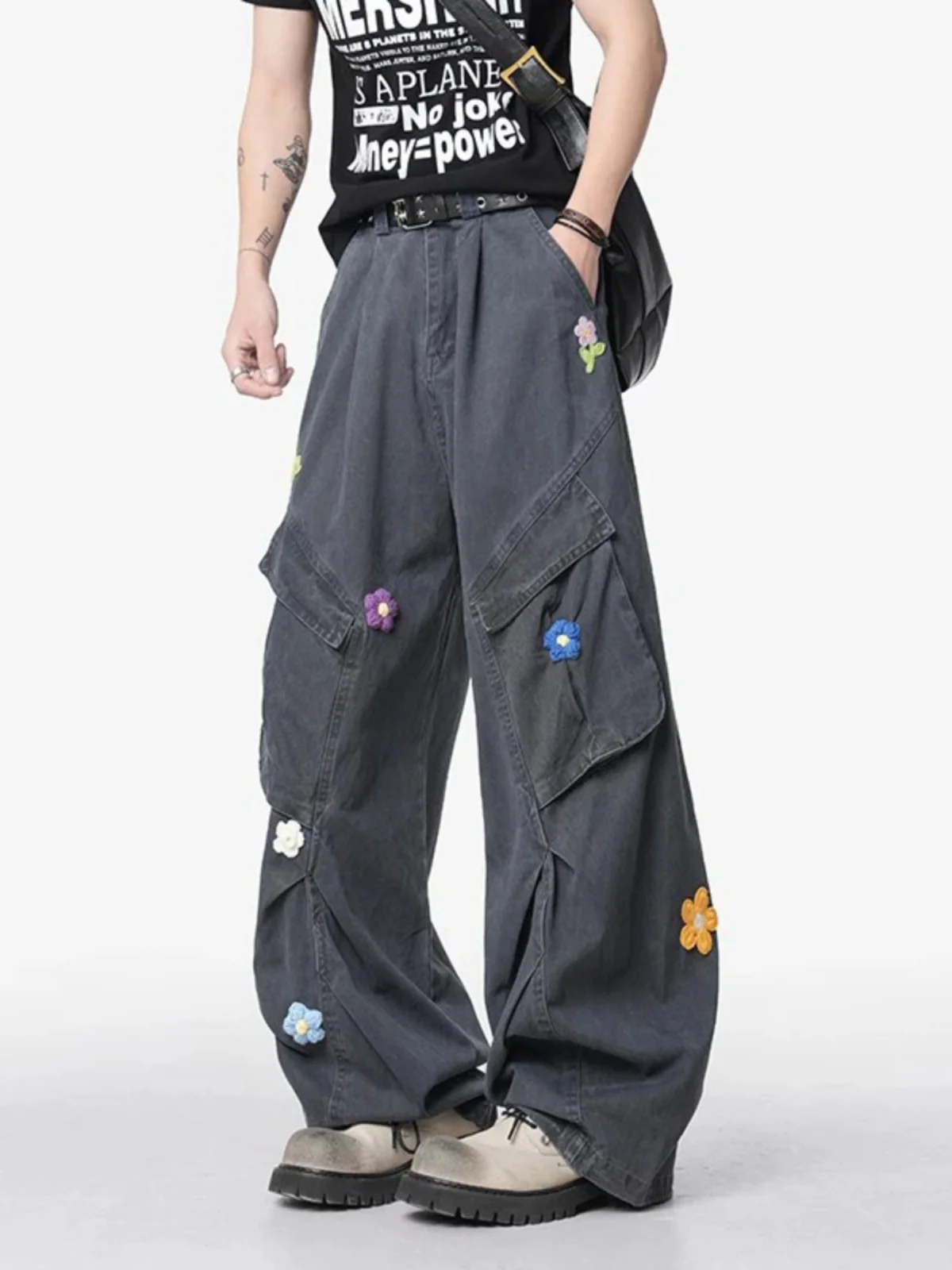 

Retro American Embroidered Work Pants Men's Baggy Sle Folded Soldier Pants Casual Loose Fit Cotton Spring Autumn Wear