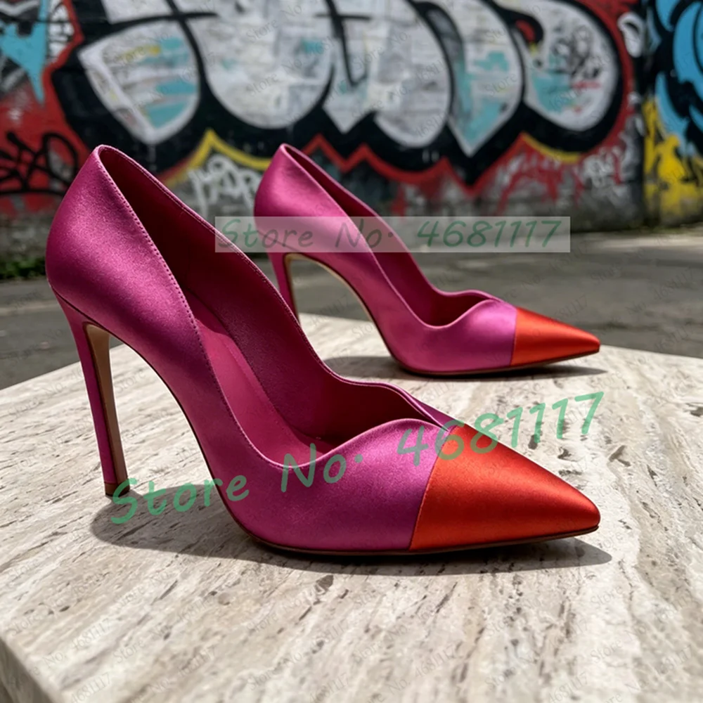 Rose Red Satin Pumps With Red Pointed Toe Women Sexy Wavy Edge Design High Heels Ladies Nifty Large Size Party Stiletto Shoes view 6