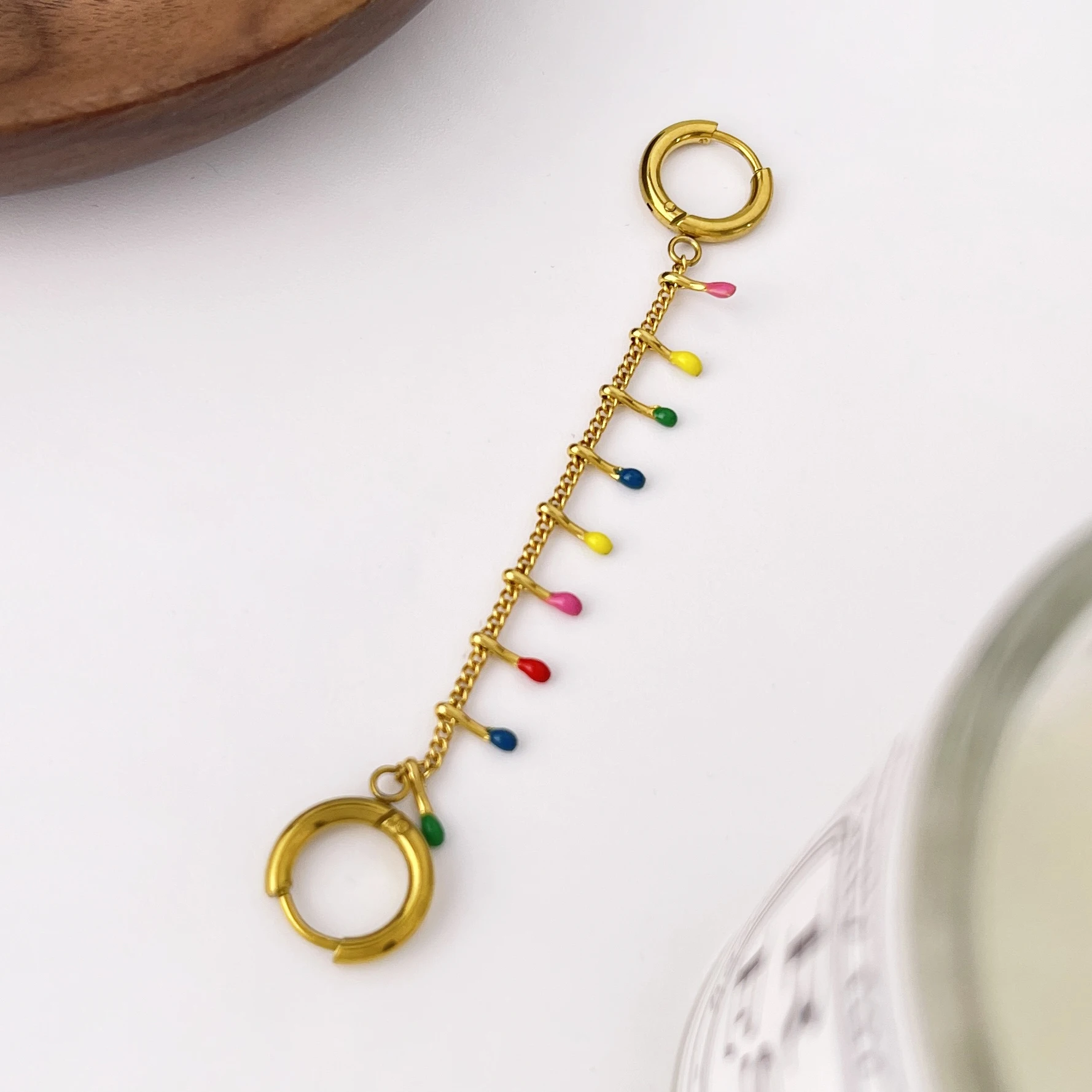 Peri'sbox High Quality Rainbow Color Hoop Earring for Women Unique Double Hole Tassel Chain Stainless Steel Party Trendy Jewelry image 5