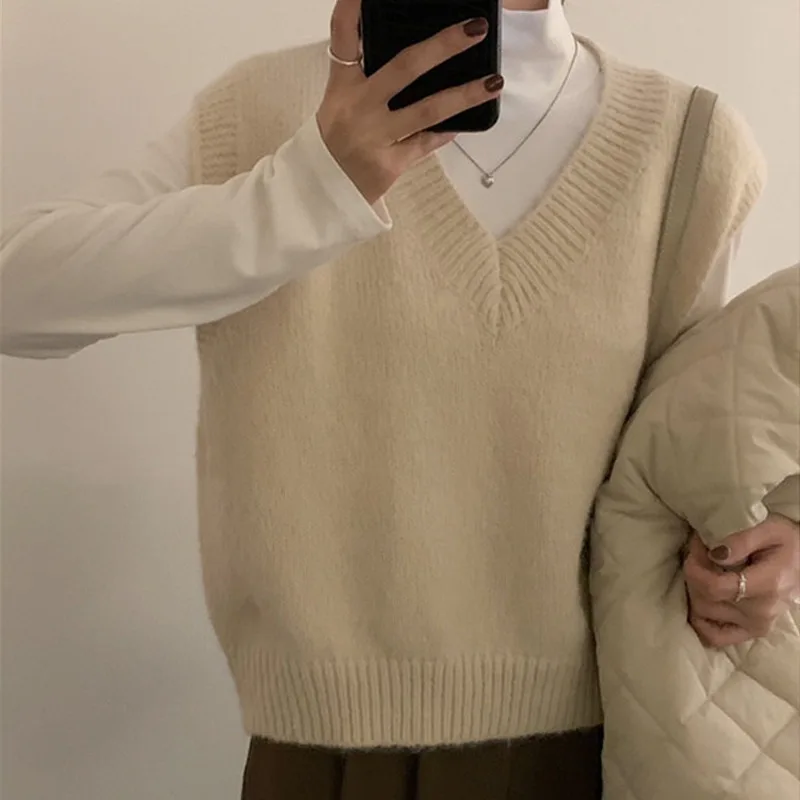 

Sleeveless Autumn Winter Pullover Knitted Women Sweaters Vest New Fashion V Neck Casual Loose Elegant Knitwear Bottoming Tops