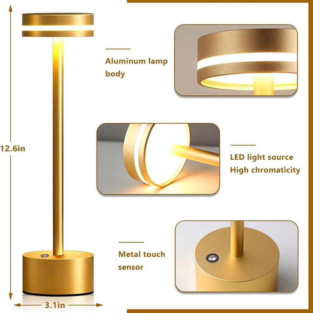 Imagem -02 - Lâmpada de Mesa Recarregável Led com Interruptor de Toque Mesa de Metal Luz Noturna Iluminação Regulável Café Bar Quarto Estudo Decoração Cores