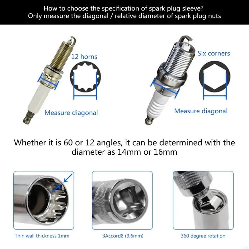 652F Spark Plug Socket Wrench Universal Joint Magnetic Spark Plug Sleeve Flexible Removal Tool 14mm 16mm Drive-CR-V 12-Point