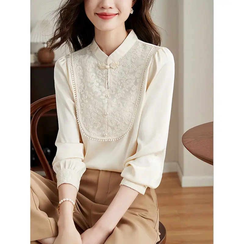 

Standing Collar Button Up Shirt Women's Long Sleeved 2025 New Spring And Autumn Style Fashionable Embroidered Flower Top