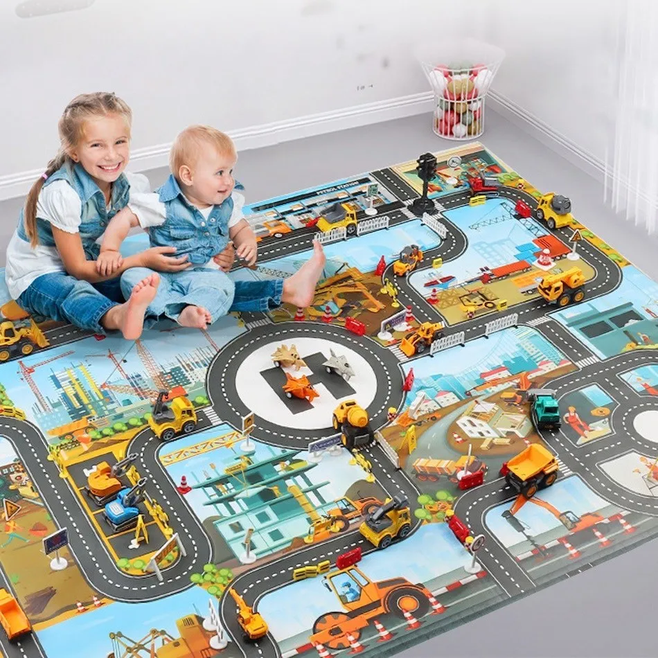 Alfombra para gatear de 130x100cm para niños, tapete de tráfico de dibujos animados para interiores, Alfombra de carretera de ciudad, tapete de juego para niños y niñas pequeñas