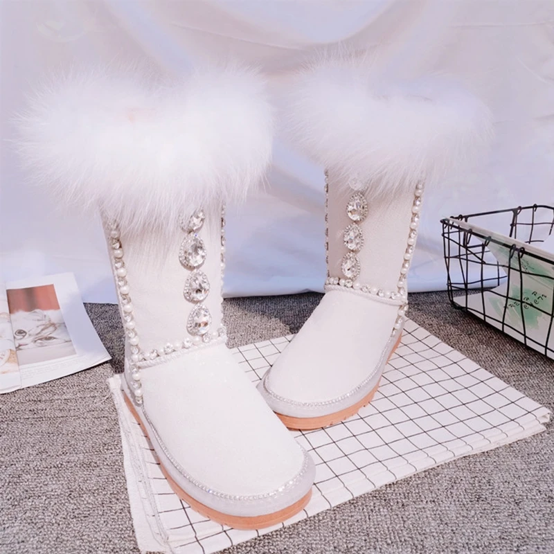 New In Winter Fluffy Fur Mid Calf Snow Boots Shoes for Women 2022 Designer Luxury Rhinestone Cow Suede Outdoor Warm Long Booties