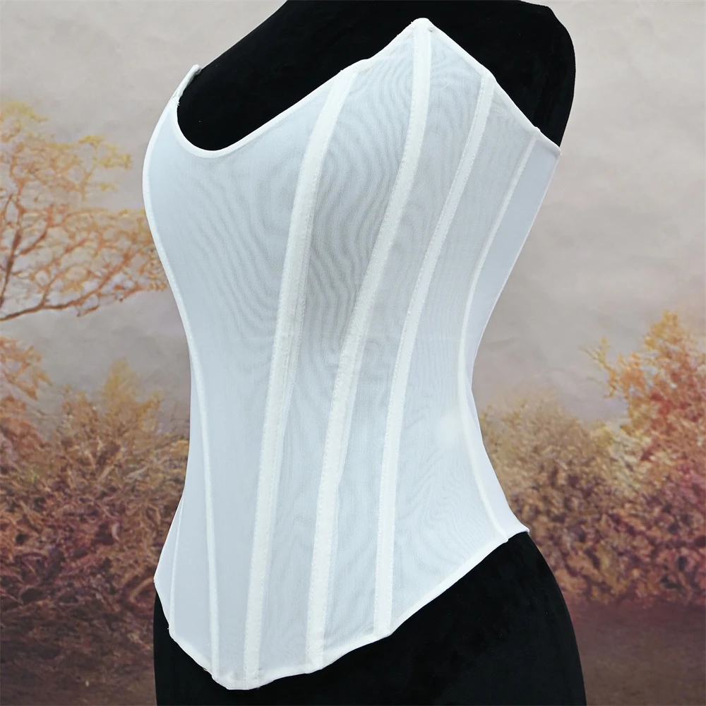 Women White Mesh Overbust Corset Top Simple V-neck Sexy Rear Zipper Fishbone Bustiers Body Shaper Strapless Bodice