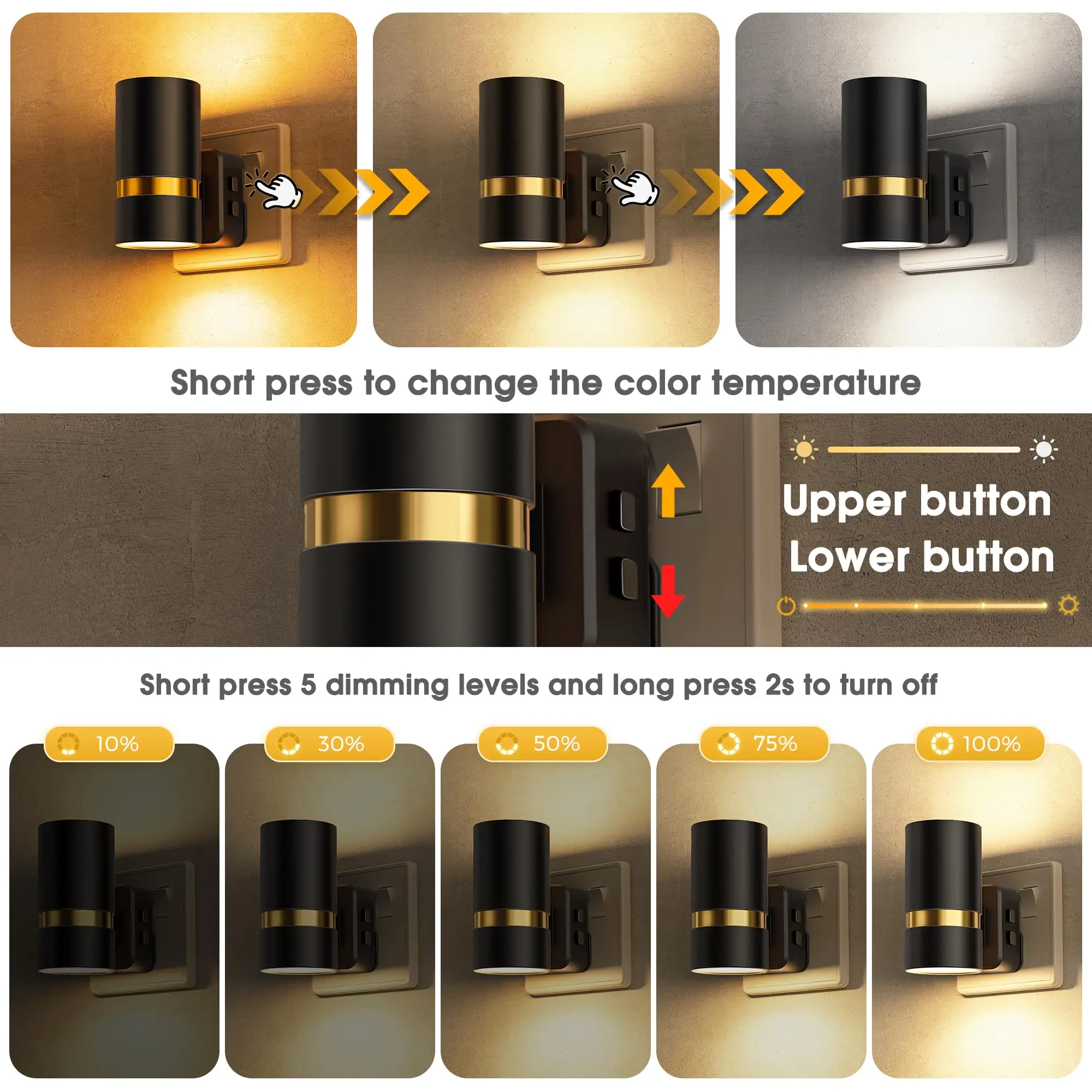 ضوء ليلي، ضوء ليلي قابل للتوصيل مع مستشعر من الغسق إلى الفجر، درجة حرارة اللون قابلة للتعديل (العنبر/3000K/5000K)، 5 مستويات سطوع