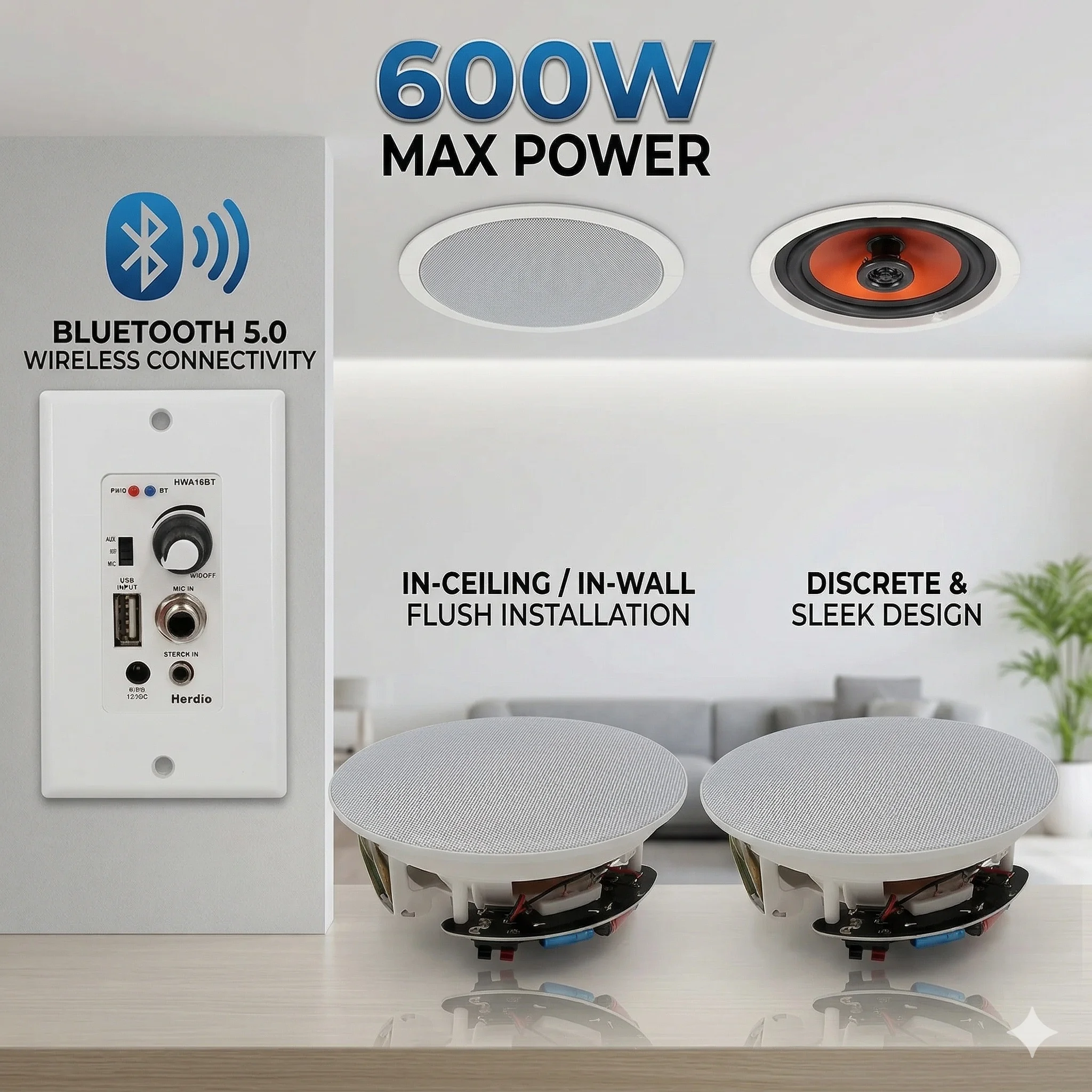 Herdio 6.5인치 600W 블루투스 천장 스피커 2웨이 벽면 매립형 시스템(홈시어터용 벽면 앰프 수신기 포함)