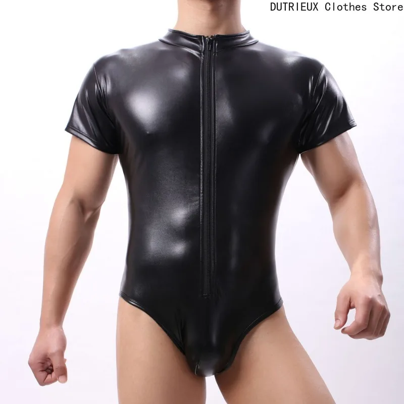 

【 Quick Delivery From Stock】Men's Black Patent Leather Jumpsuit Short-sleeved Tight Trendy Jumpsuit Nightclub Party Stage Outfit