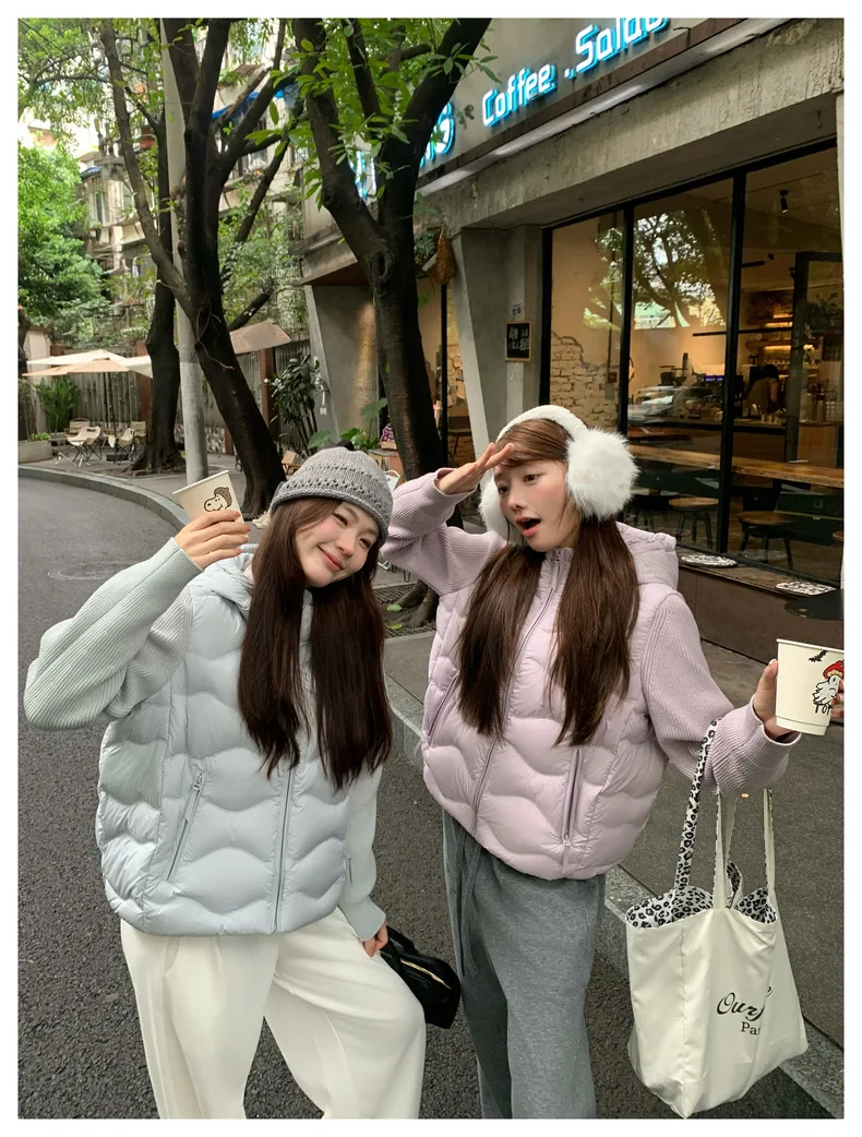 Solid Knitted Long Sleeve Cotton Jacket Autumn Winter Hooded Lightweight Warm Puffer Jackets Female Zipper Short Padded Parkas