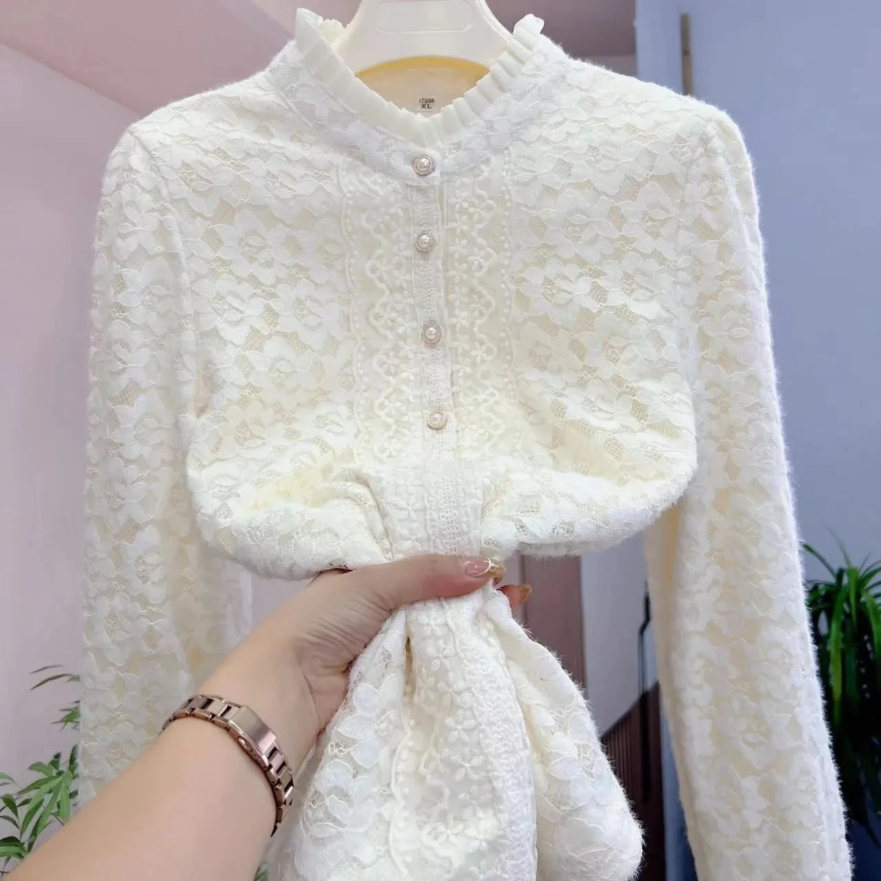 

Women's Lace Base irt Loose Fit Faionable Autumn Winter New Sle Knitted Sweater Velvet Fabric Hooded Thiened Slimming