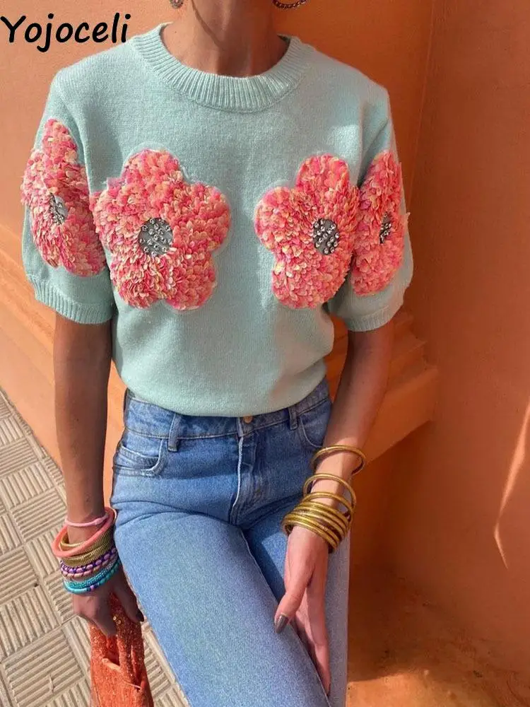 

Yojoceli Fashion women 3D flower knitted sweater Elegant lady o neck short sleeve pullover tops 2024 Chic commute street outfits